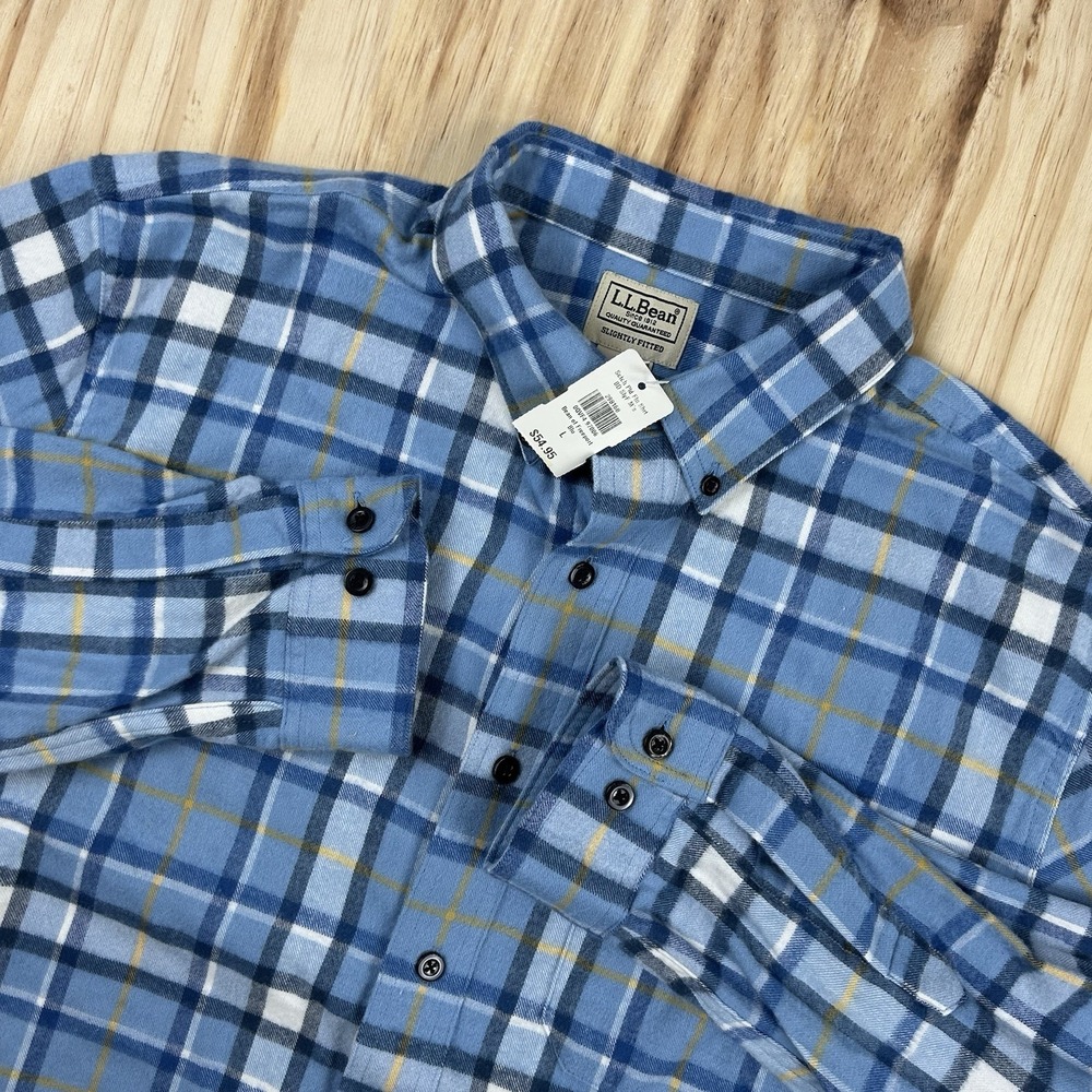 L.L. Bean Mens NEW Large Tall Blue Plaid 100% Cotton Button Up Shirt 298168